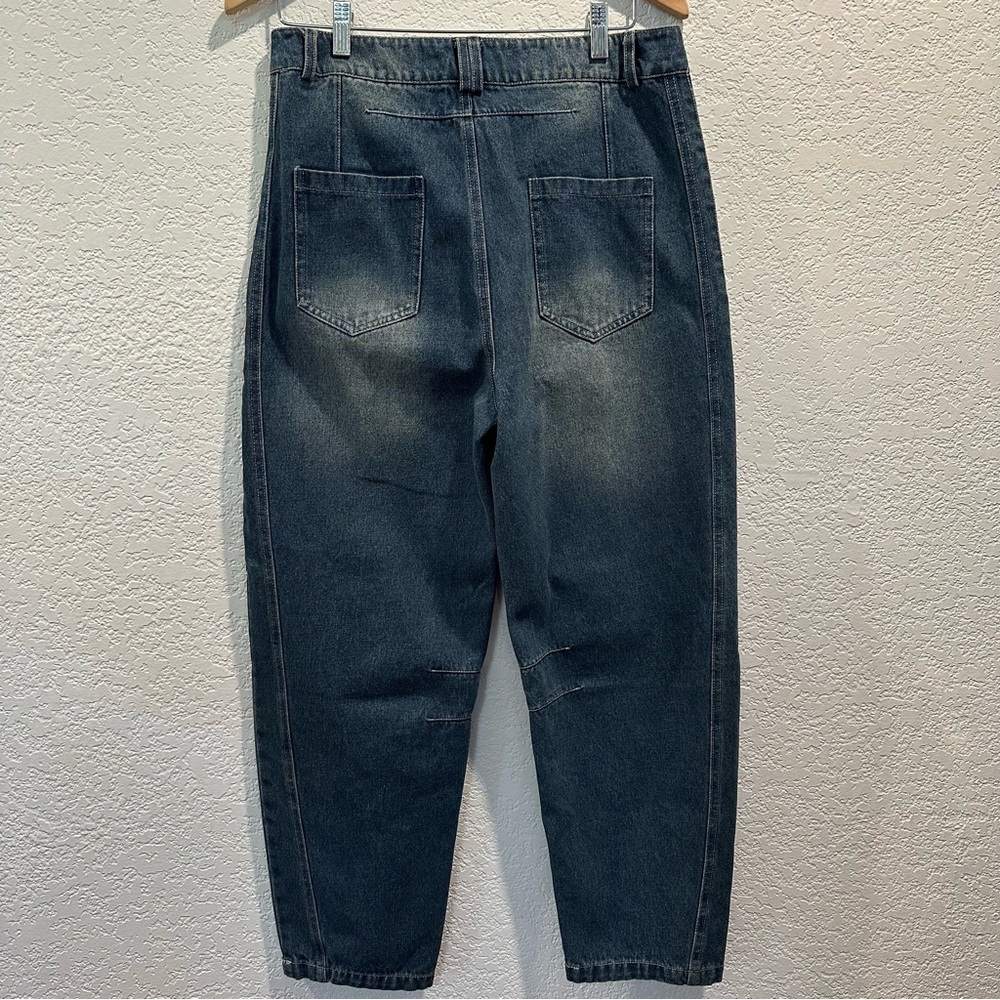 Barrel Leg Jeans Dark Blue Denim Faded Wash Seems NWOT no brand - Picture 2 of 9